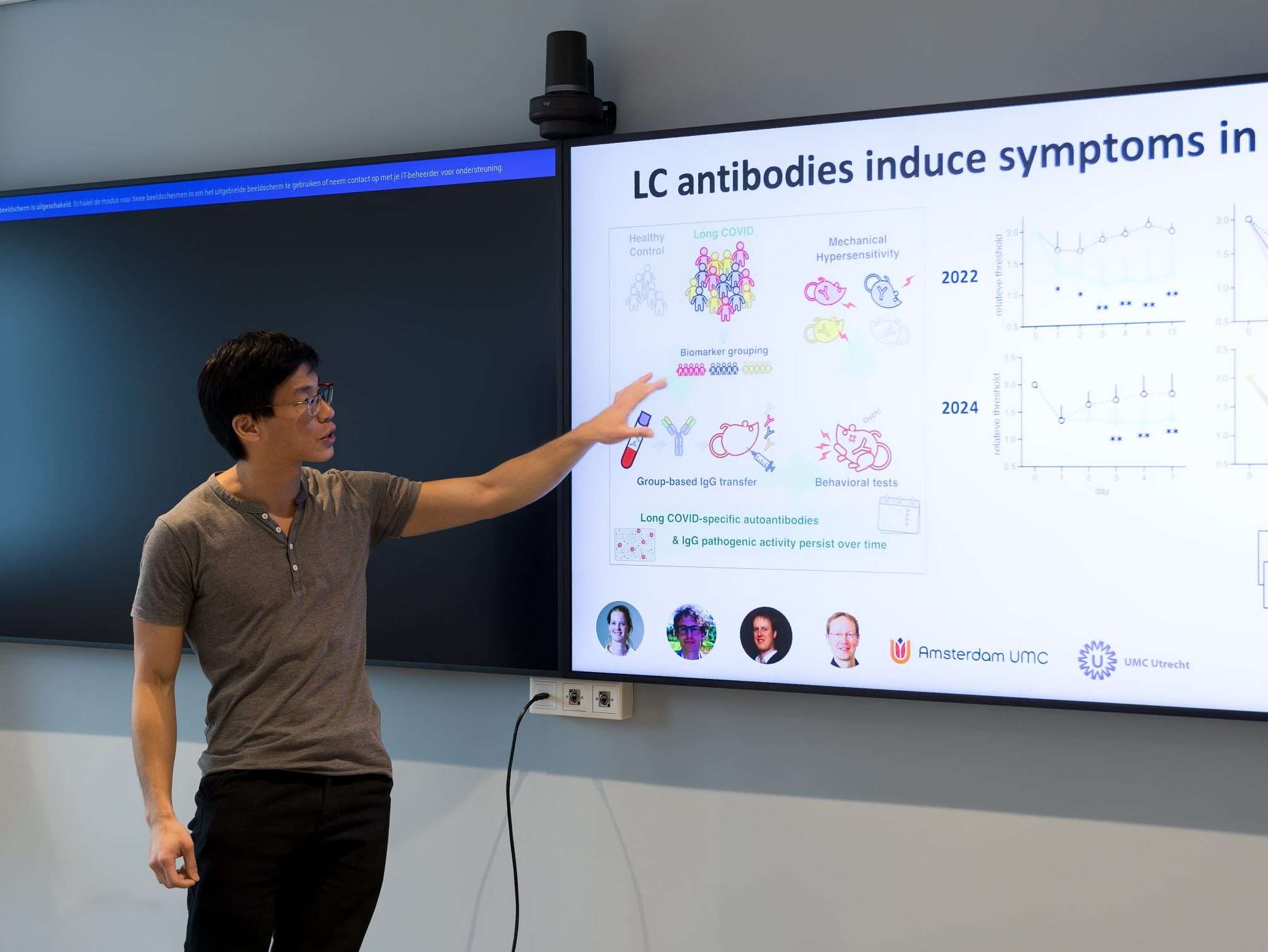 Onderzoeker Oliver Chen presenteert onderzoeksresultaten tijdens Stichting Long COVID Consortium overleg.